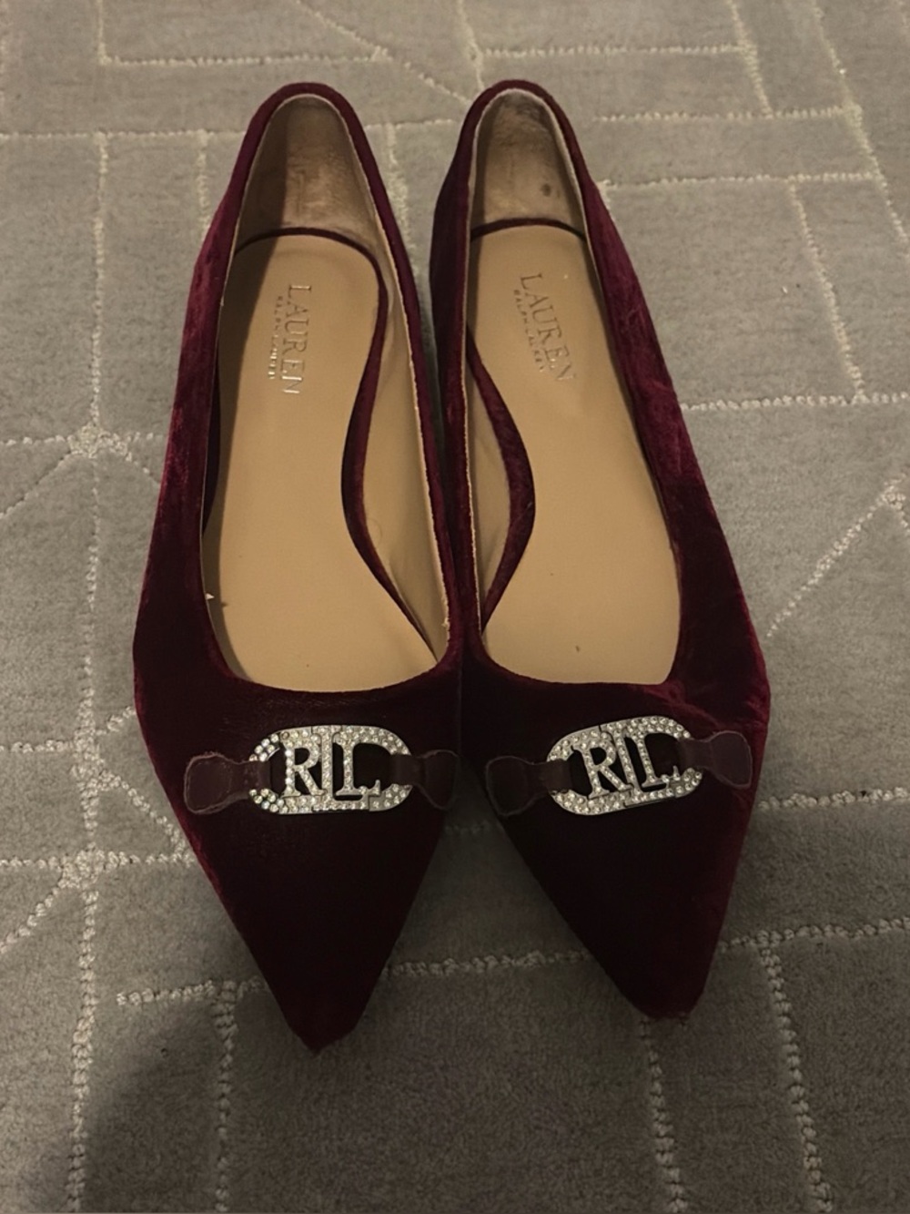 Lauren Ralph Lauren Burgundy Velvet Pointed Toe Flats with Crystal RL Emblem